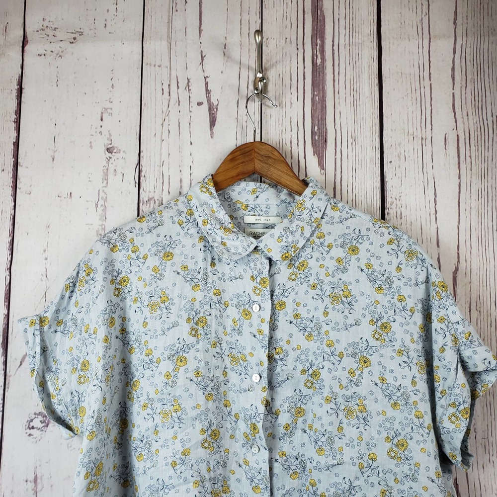 Rachel Zoe Blouse Womens Size Small Button front Floral Linen Short Sleeve Blue